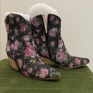 Betsey Johnson Black and Pink Floral Ankle Booties